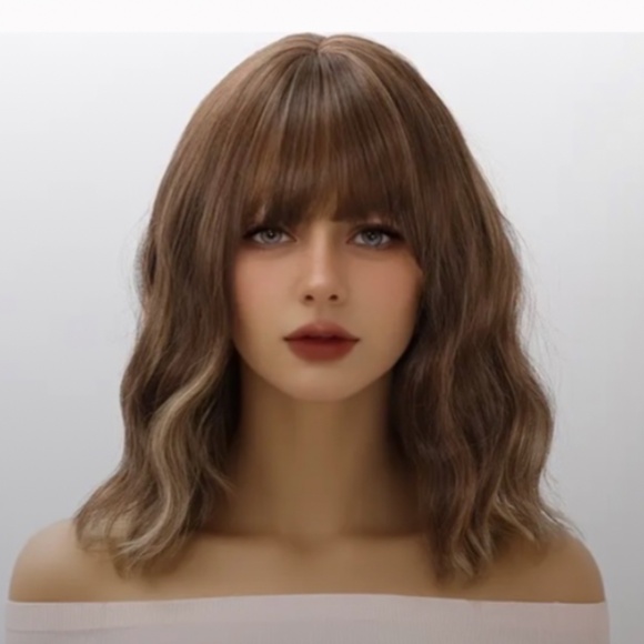 The Unbranded Brand Other - 14-Inch Brown Bob Wig with Bangs - Heat-Resistant Synthetic Curly Wave
